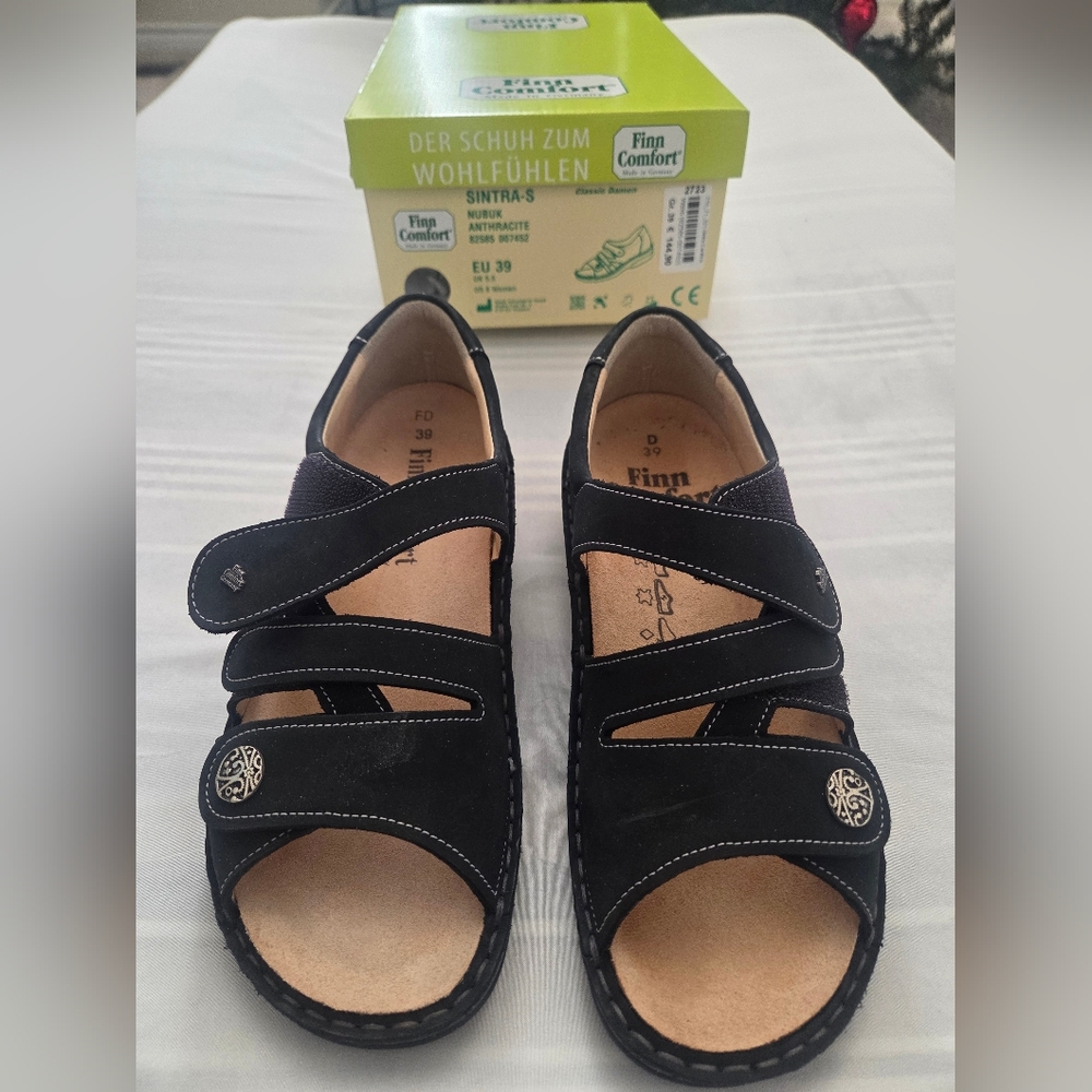 Finn Comfort Black Nubuck Leather Sandals - Picture 2 of 6